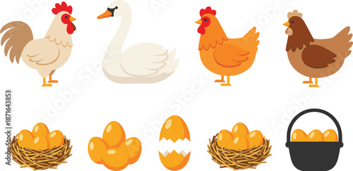Set of Chicken Rooster Hen and Swan with Golden EggsSet of Chicken Rooster Hen and Swan with Golden Eggs