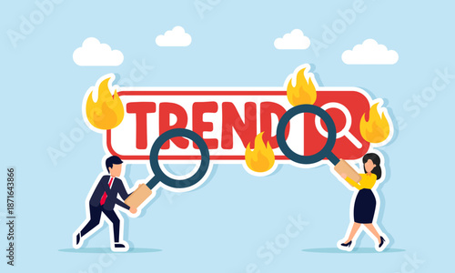 Businessman and businesswoman using magnifier to observe burning trend on search engine illustration