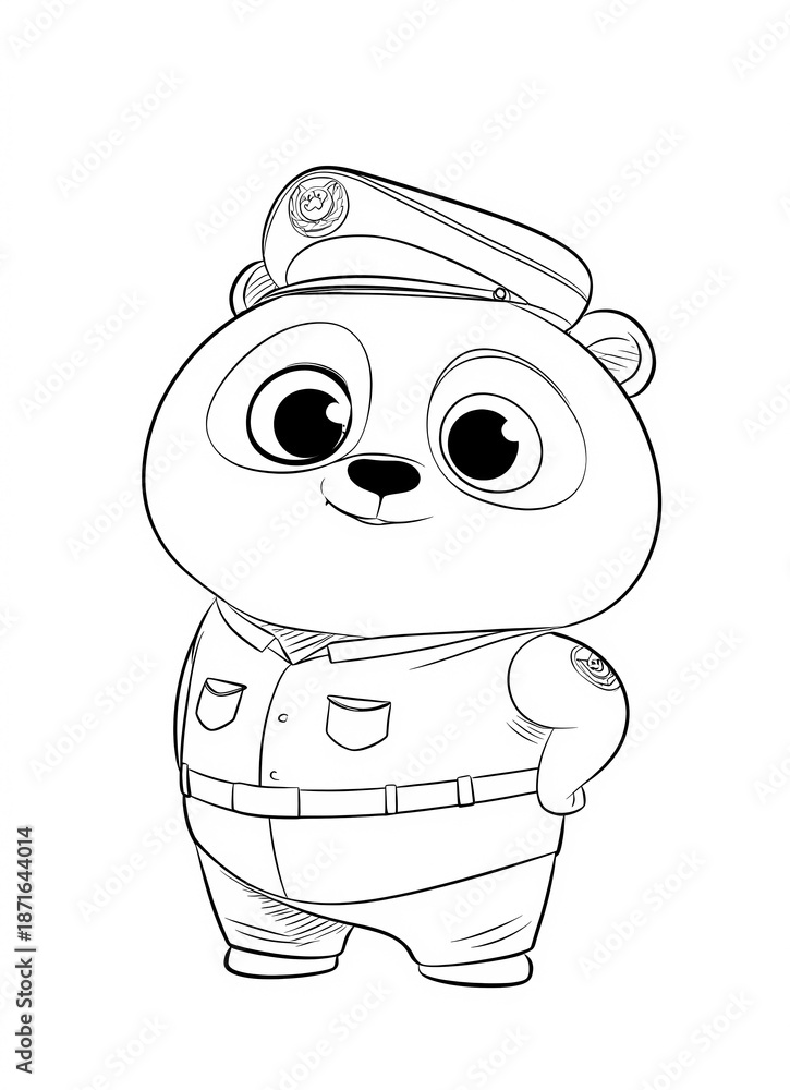 Obraz premium coloring page for kids, a cute panda in the style of a police officer with big eyes and wearing , in a cartoon style with thick lines. no background, no shading