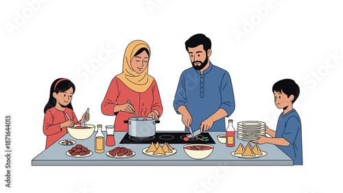 Family cooking together in kitchen with traditional dishes