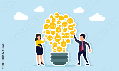 Businessman and businesswoman near a light bulb formed by chat dialogues illustrating new business ideas and innovation from partner input