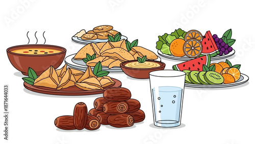 Illustration of traditional Middle Eastern meal with fruits and pastries