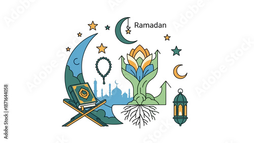 Colorful Ramadan Illustration with Crescent Moon and Lantern