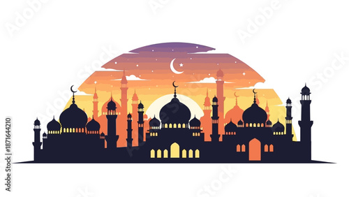 Silhouette of Islamic architecture against vibrant sunset sky