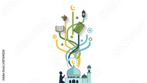Islamic themed abstract illustration with mosque and religious symbols