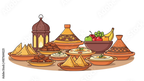 Traditional Middle Eastern Feast with Lantern and Fruit Bowl