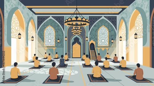 People Meditating in a Beautifully Decorated Mosque Interior