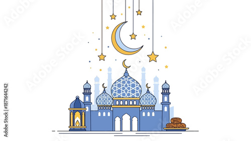 Illustration of Mosque with Crescent Moon and Stars for Ramadan