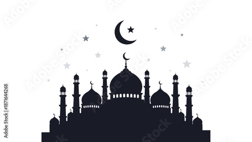 Silhouette of Mosque with Crescent Moon and Stars in Night Sky