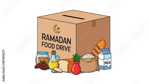 Illustration of Ramadan Food Drive with Donation Box and Groceries