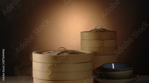 A close-up of a traditional Chinese bamboo steamer with rising steam.