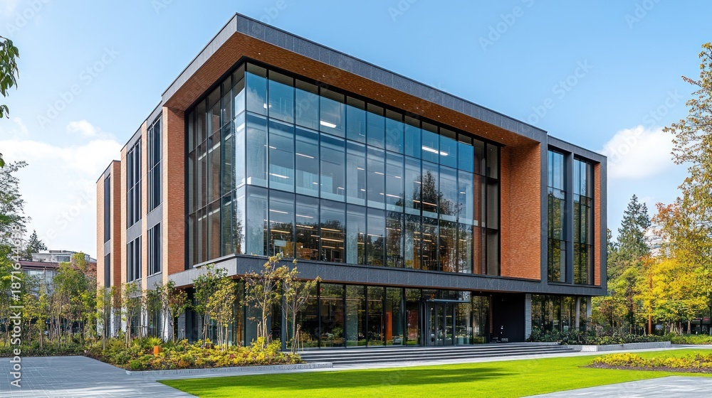 Fototapeta premium Modern building with glass facade and brick accents