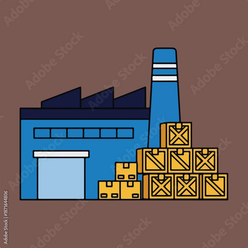 A cartoon vector illustration of a blue factory building with a tall chimney and a loading dock, featuring stacks of yellow boxes and crates outside.