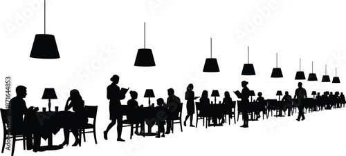 Busy restaurant interior silhouette with diners waiters long dining hall pendant lights hospitality service black white vector illustration scene concept