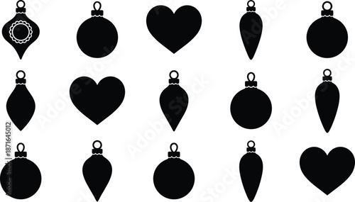Christmas ornament silhouettes set isolated on white background holiday baubles heart shapes festive black vector illustration decoration collection