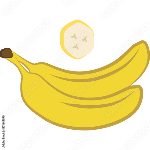 Two yellow bananas and a slice with seeds