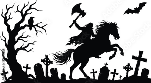 Dark medieval grim reaper riding horse through graveyard silhouette with axe bats crosses spooky halloween fantasy illustration night gothic art