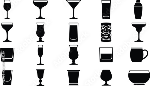 Cocktail and drink glass silhouettes collection isolated on white background barware goblets mugs black vector illustration beverage design set