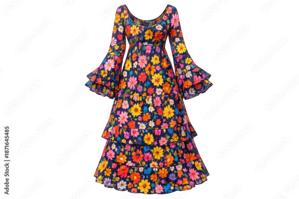 Obraz premium Floral maxi dress featuring vintage 1970s style, bell sleeves, and tiered skirt, celebrating bohemian fashion