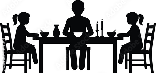 Family dinner silhouette, parent and children eating together at table candlelight home meal black white vector illustration isolated scene concept