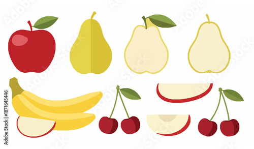 Fresh fruit vector illustration set with apple pear banana and cherry