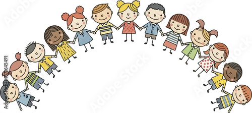 A diverse group of happy children holding hands together in a large arc, symbolizing friendship, unity, and global community.