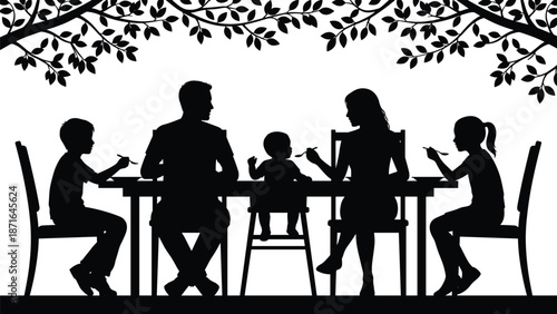 Happy family dinner silhouette parents children eating together under tree branches home meal love black white vector illustration isolated scene