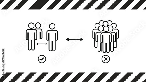 Social distancing awareness vector with spaced and crowded stick figures, check and cross marks, and caution border for public health.