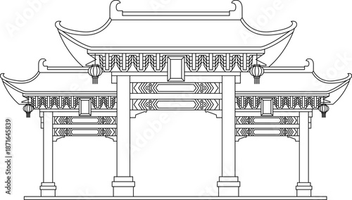 Traditional Chinese Temple Gate Architecture Outline Vector