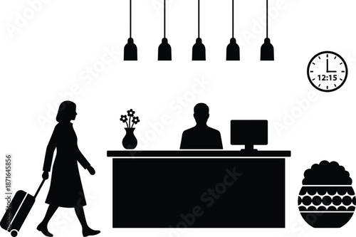Hotel reception silhouette with woman arriving luggage receptionist front desk clock modern hospitality travel business interior black white vector illustration