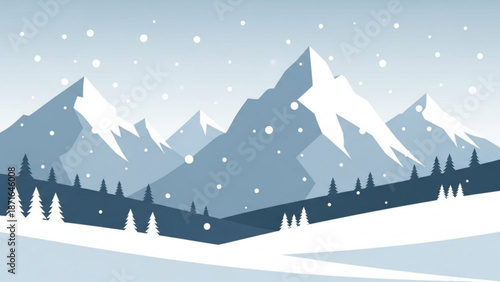 Snowy mountain range with pine trees on a snowy landscape