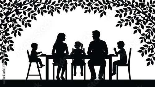 Happy family dinner silhouette parents children eating together under tree branches home meal love black white vector illustration isolated scene