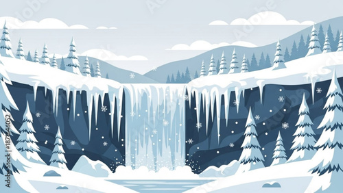 Snowy landscape with frozen waterfall and icicles hanging from cliffs surrounded by evergreen trees under snowy mountains