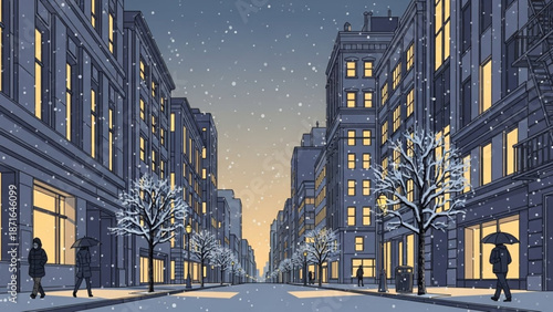 Snowy city street at dusk with people walking under umbrellas between tall buildings and snow covered trees