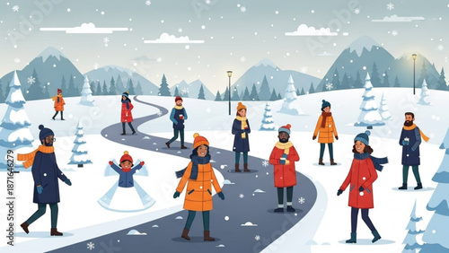 People walking on snowy path in winter landscape scene with trees and mountains