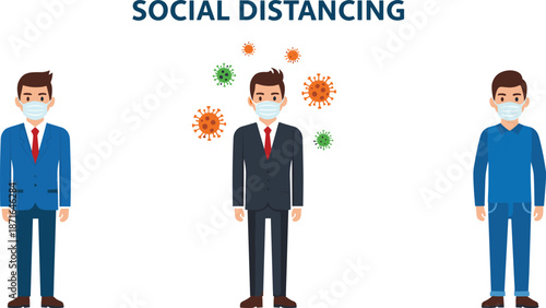 Social distancing illustration with masked individuals and virus particles for public health awareness and disease prevention vector design