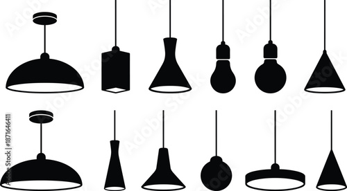 Modern pendant light silhouettes set isolated on white background ceiling lamp collection minimalist lighting fixtures black vector illustration interior design