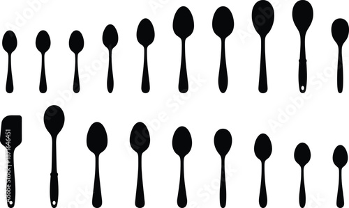 Kitchen spoon and spatula silhouettes set isolated on white background cooking utensil collection minimalist black vector illustration design icons