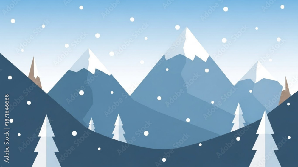 Naklejka premium Serene snowy mountain landscape with trees and snowflakes in soft blue hues