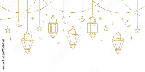 Ramadan Kareem arabic traditional lantern hanging line art for greeting card or poster design banner decoration