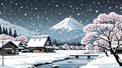 Serene japanese winter landscape with snow covered houses and mount fuji in the background at night