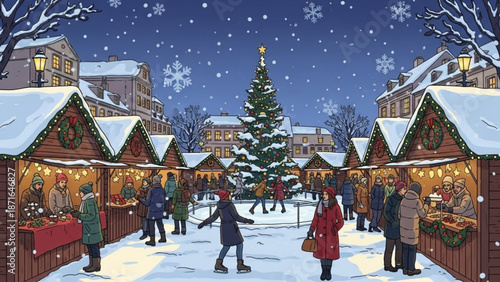 People ice skating and shopping at a festive christmas market with wooden stalls and a tall decorated tree in a snowy town
