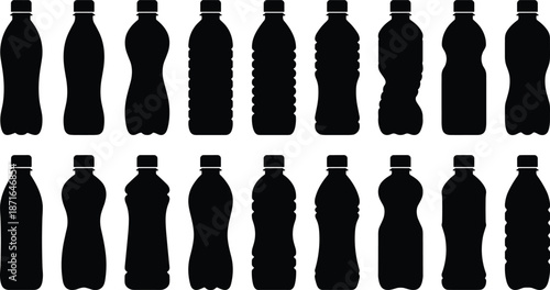 Plastic water bottle silhouettes set isolated on white background drink container collection black vector illustration packaging design icons recycling concept