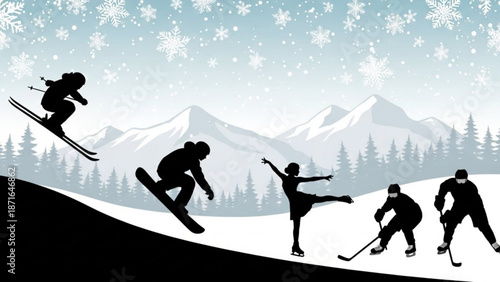 Winter sports silhouettes snowboarding ice skating hockey players on snowy mountain landscape