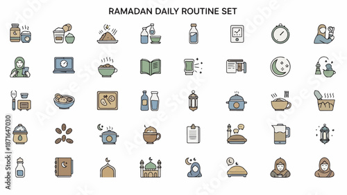 A set of colorful flat design icons depicting Ramadan daily routine activities, including food, prayer, and clock icons on a white background. Perfect for Ramadan, Islamic, and cultural