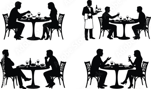 Restaurant dining silhouettes with couples waiter service romantic dinner conversation date night hospitality black white vector illustration isolated elegant scene