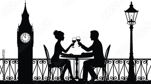 Romantic couple dining silhouette on balcony, wine toast city landmark clock tower street lamp evening date black white vector illustration