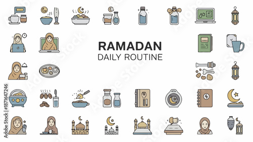 A digital illustration of various icons depicting a Ramadan daily routine, featuring a mix of food, prayer, and daily activities in a simple color palette on a white background. Perfect for