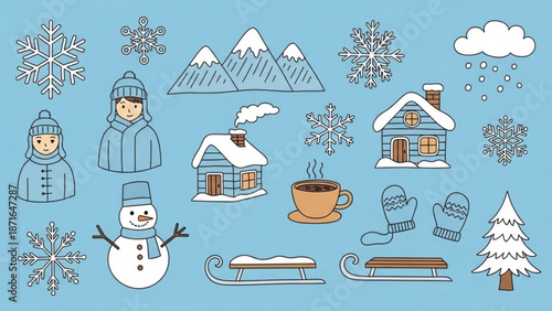 Winter wonderland scene with snowman people houses sleds and snowflakes in blue tone
