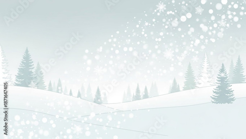 Serene winter landscape with snowfall and evergreen trees on rolling hills